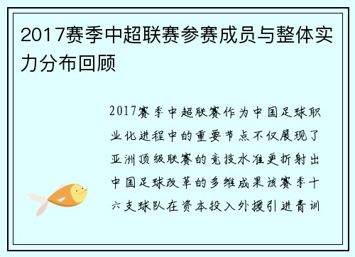 2017赛季中超联赛参赛成员与整体实力分布回顾
