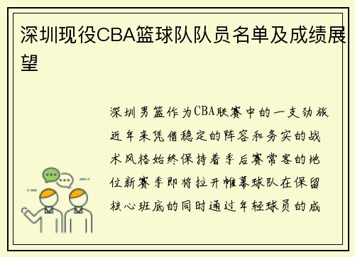 深圳现役CBA篮球队队员名单及成绩展望