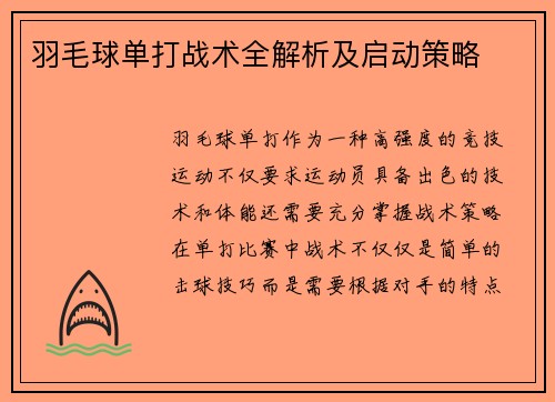 羽毛球单打战术全解析及启动策略
