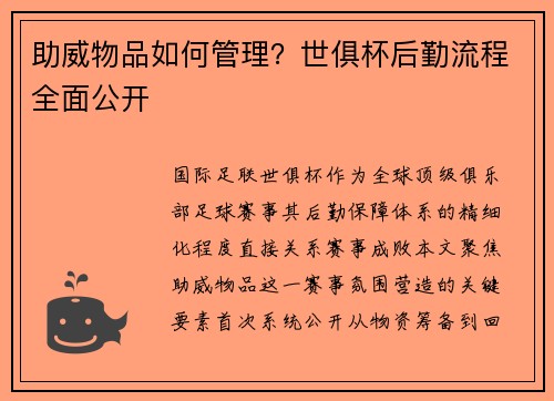 助威物品如何管理？世俱杯后勤流程全面公开