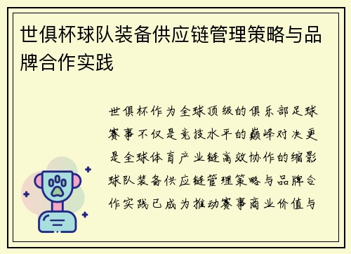 世俱杯球队装备供应链管理策略与品牌合作实践