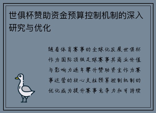 世俱杯赞助资金预算控制机制的深入研究与优化